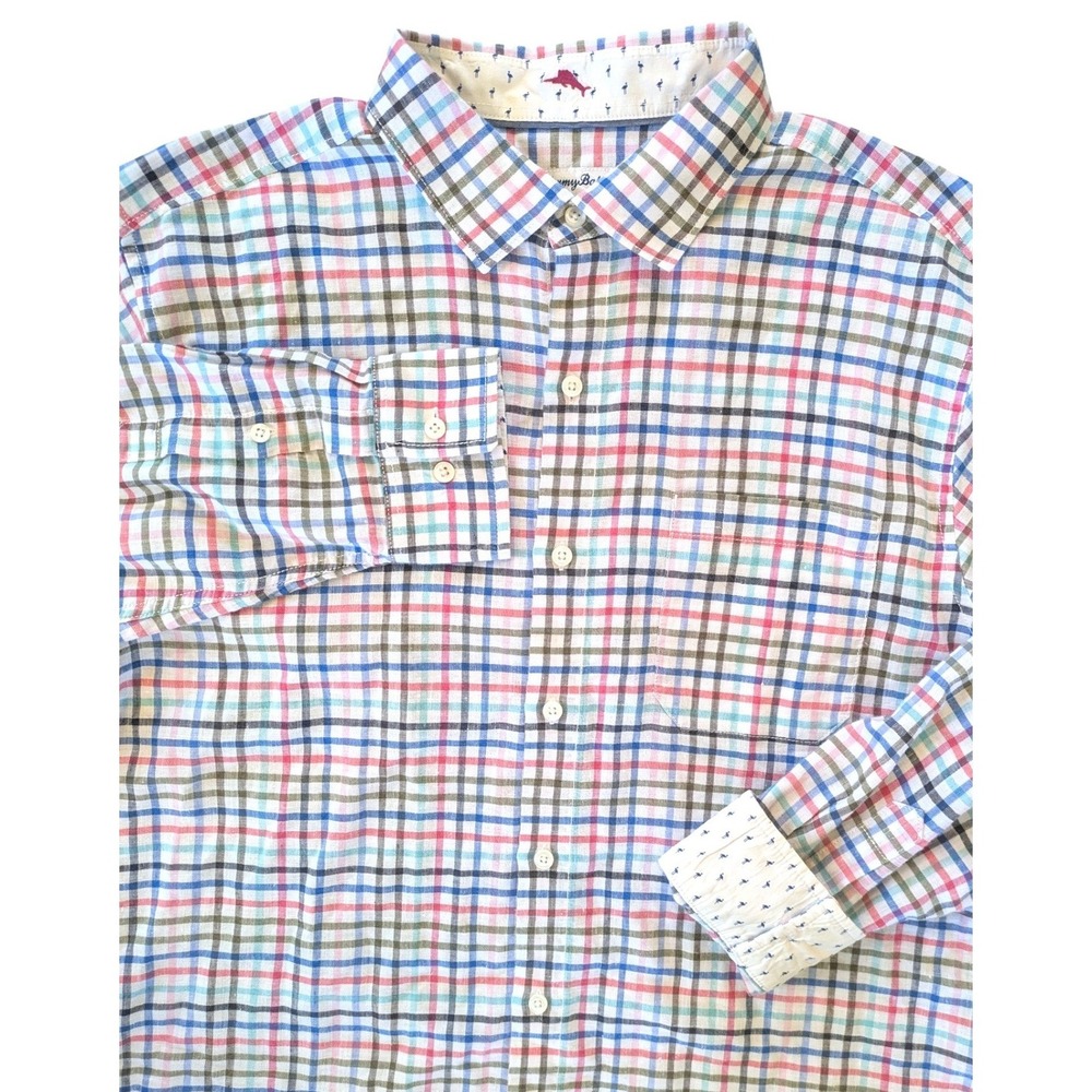 Tommy Bahama Mens Large Linen Blend Gingham Plaid Button‎ Down Shirt Tropical